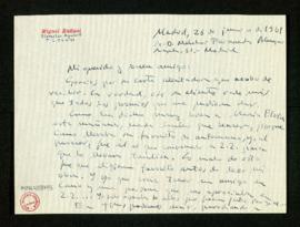 Carta de Miguel Buñuel a Melchor Fernández Almagro en la que le agradece su alentadora carta y la...