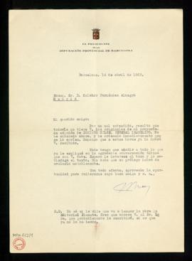 Carta del marqués de Castell-Florite, presidente de la Diputación provincial de Barcelona, a Melc...