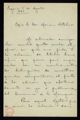 Carta del conde de Cheste a Mariano Catalina con la indicación de que la Academia puede poner en ...