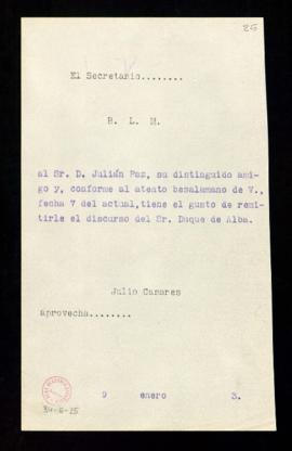 Copia del besalamano de Julio Casares a Julián Paz con el que le remite el discurso del duque de ...