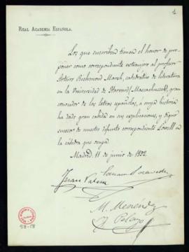 Propuesta firmada por Eduardo Saavedra, Juan Valera y M[arcelino] Menéndez y Pelayo de Arturo Ric...