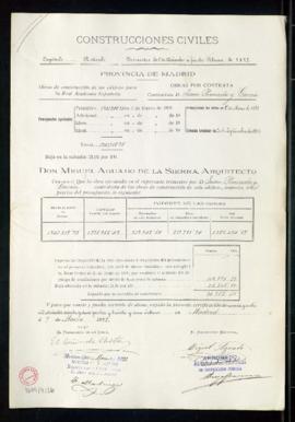 Certificación del arquitecto Miguel Aguado de la Sierra de la obra ejecutada por Juan Pruneda y G...