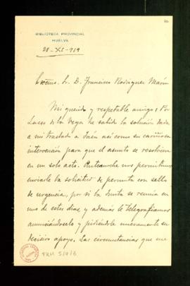 Carta de Antonio Alcalá Venceslada a Francisco Rodríguez Marín en la que le informa de que ha sab...