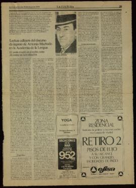 Recorte del diario El País con el artículo Lectura callejera del discurso de Antonio Machado en l...