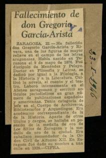 Recorte del diario Ya con la noticia Fallecimiento de don Gregorio García-Arista