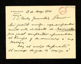 Carta de Benito Pérez Galdós a Carlos [Fernández Shaw] en la que le urge a emprender el libreto d...