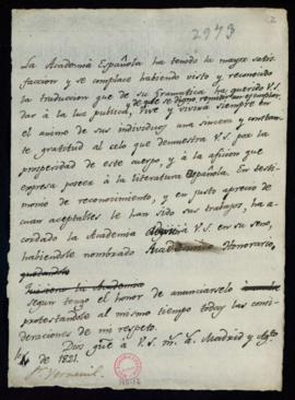 Minuta del oficio [del secretario, Francisco Antonio González Oña] a Alphons Chalumeau de Verneui...