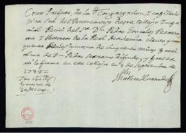 Recibo de Mateo Hurtado, consejero del Colegio Imperial, de 150 reales de vellón de limosna por l...