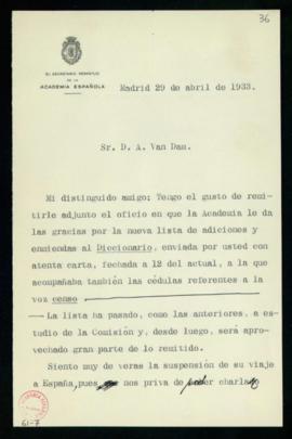 Minuta de la carta de Emilio Cotarelo a C. F. Adolf van Dam con la que le remite un oficio con el...