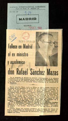 Recorte con la noticia Fallece en Madrid el ex ministro y académico don Rafael Sánchez Mazas