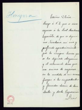 Carta de Eduardo de Hinojosa al secretario, Mariano Catalina, en la que agradece a la Academia su...