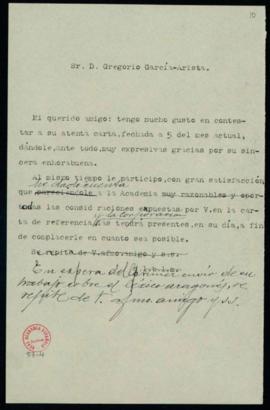 Minuta de la carta de Ramón Menéndez Pidal a Gregorio García-Arista en la que le agradece su sinc...
