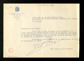 Carta de Enrique Otero Aenlle, gobernador civil de Salamanca, a Ramón Menéndez Pidal de envío de ...