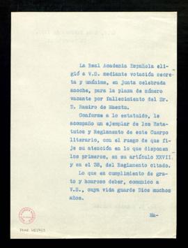 Minuta del oficio del secretario [Julio Casares] a Eugenio Montes de comunicación de su nombramie...