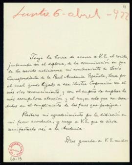 Carta de Henry R. Lang a Emilio Cotarelo en la que agradece su nombramiento como académico corres...