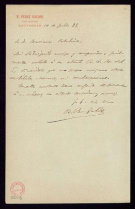 Carta de B[enito] Pérez Galdós al secretario, Mariano Catalina, en la que le comunica que no pose...