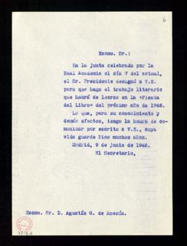 Copia sin firma del oficio del secretario a Agustín G. de Amezúa de traslado de su nombramiento p...