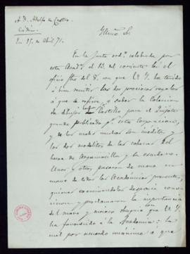 Minuta de la carta [del secretario accidental, Antonio María Segovia] a Adolfo de Castro de agrad...