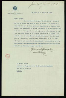 Oficio de Félix A. del Granado a Emilio Cotarelo de agradecimiento por haber sido nombrado académ...