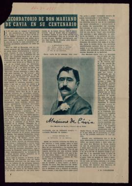 Recorte de prensa del diario ABC con el título Recordatorio de Don Mariano de Cavia en su centenario