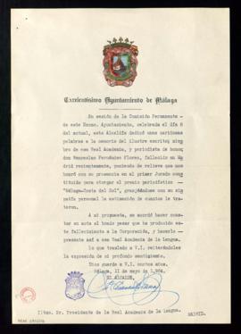 Oficio de Francisco García Grana, alcalde de Málaga, al presidente de la Real Academia de la Leng...