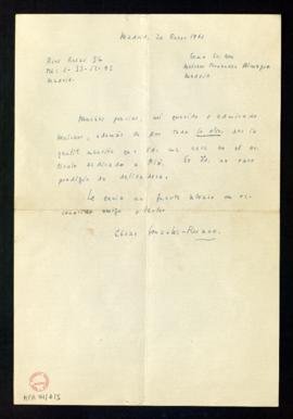 Carta de César González-Ruano a Melchor Fernández Almagro en la que le agradece la gentil mención...