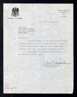 Carta de José Manuel Rivas Sacconi, secretario de la Academia Colombiana, a Alonso Zamora Vicente...