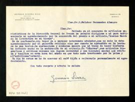 Carta de Germán Sierra Rico a Melchor Fernández Almagro en la que le agradece la concesión del pr...