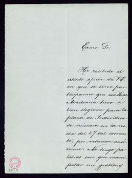 Carta de Antonio M[arí]a Fabié al secretario [Manuel Tamayo y Baus] de agradecimiento a la Academ...
