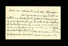 Tarjeta de Amelia Galarraga a Melchor Fernández Almagro en la que le expresa su pesar por no pode...