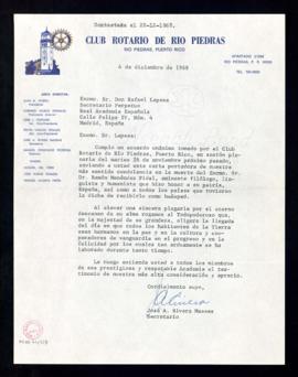 Carta de José A. Rivera Massas, secretario del Club Rotario de Río Piedras, a Rafael Lapesa, secr...