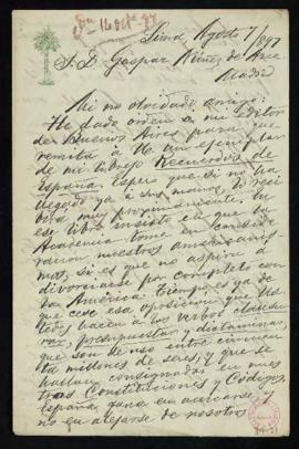 Carta de Ricardo Palma a Gaspar Núñez de Arce en la que le indica que ha dado orden a su editor d...