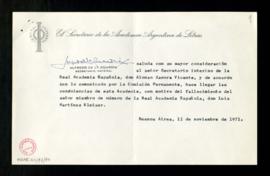 Saluda de Alfredo de la Guardia, secretario de la Academia Argentina de Letras, a Alonso Zamora V...