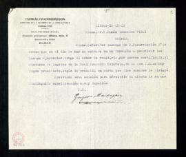 Carta de Gregorio Maidagán a Ramón Menéndez Pidal en la que le avisa del envío por correo certifi...