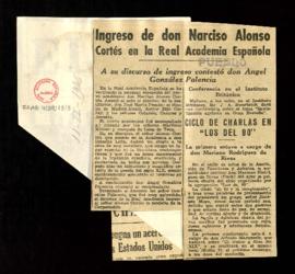 Selección de recortes de los diarios Pueblo y El Alcázar con la noticia del ingreso de Narciso Al...