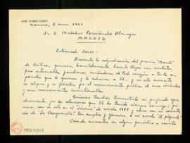 Carta de José Tomás Cabot a Melchor Fernández Almagro en la que le felicita por la adjudicación d...