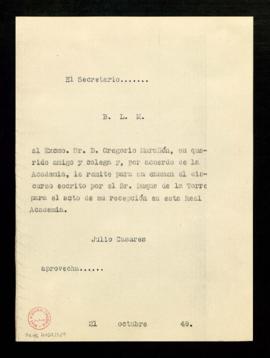 Copia sin firma del besalamano del secretario, Julio Casares, a Gregorio Marañón con el que le re...
