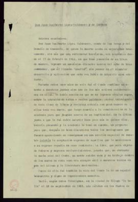 Copia mecanografiada de la necrología de Juan Gualberto López-Valdemoro de Emilio Cotarelo