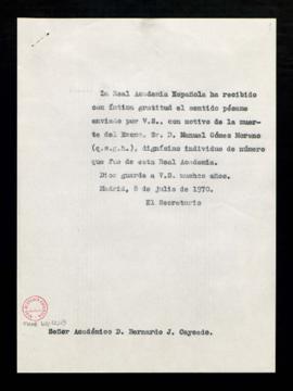 Copia sin firma del oficio de agradecimiento del secretario a Bernardo J. Caycedo, académico, por...