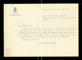 Carta de Ramón Menéndez Pidal a Julio Casares en la que expresa su agradecimiento a la Corporació...
