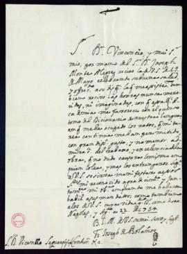 Carta de José de Bolaños a Vincencio Squarzafigo en la que le agradece el envío del tomo cuarto d...