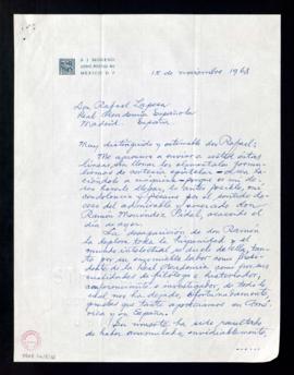 Carta manuscrita de A. J. Moreno, de México D. F., a Rafael Lapesa en la que le envía su pésame p...