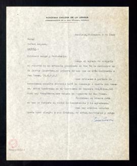 Carta de Pedro Lira, secretario de la Academia Chilena de la Lengua, a Rafael Lapesa con la que l...