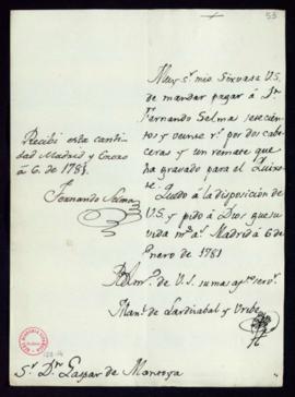 Orden de Manuel de Lardizábal del pago a Fernando Selma de 620 reales de vellón por el grabado de...