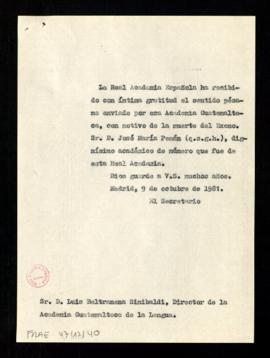 Copia sin firma del oficio del secretario [Alonso Zamora Vicente] a Luis Beltranena Sinibaldi, di...