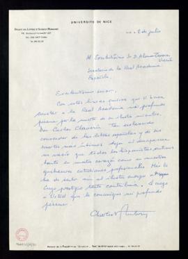 Carta de Charles V. Aubrun, de la Universidad de Niza, al secretario, Alonso Zamora Vicente en la...
