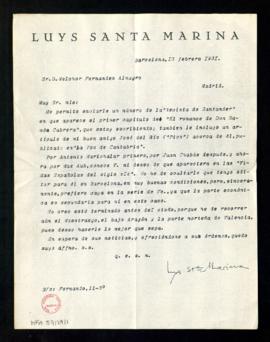 Carta de Luys Santa Marina a Melchor Fernández Almagro con la que le envía un número de la Revist...