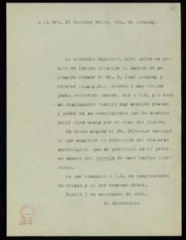 Copia sin firma del oficio de pésame del secretario [Emilio Cotarelo] a Dolores Selfa por el fall...
