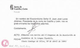 Carta del presidente de la Junta de Castilla y León, Juan José Lucas Jiménez, con la que se envía...