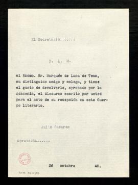 Copia sin firma del besalamano del secretario, Julio Casares, al marqués de Luca de Tena con el q...